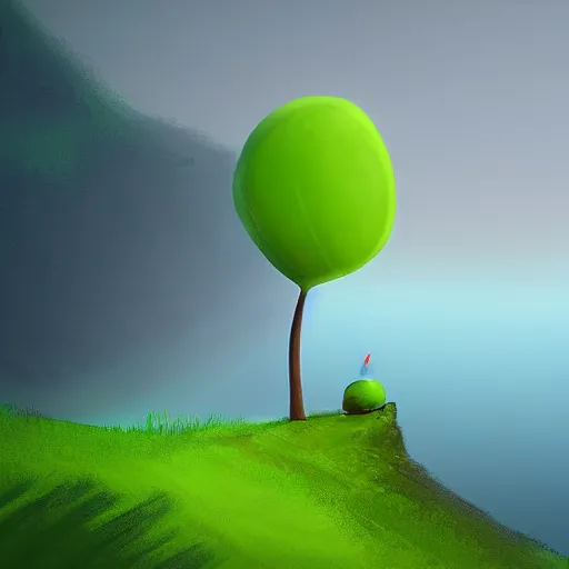 Image similar to A happy green pickle standing on top of a mountain, fog, digital art, cartoon art,