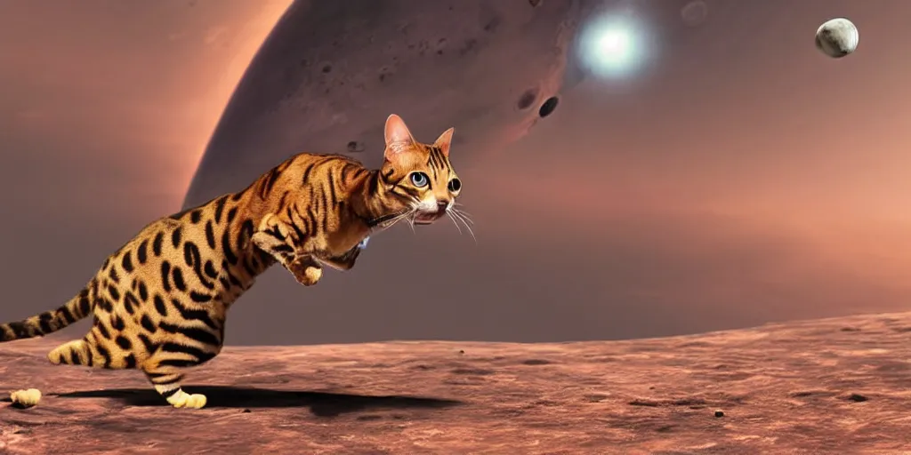 Image similar to bengal cat flying open space in space suit to the mars, cinematic, ultra realistic