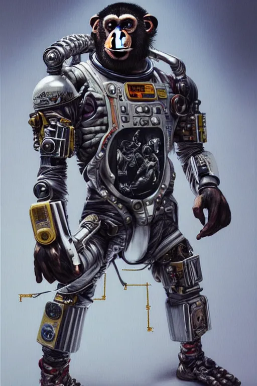 Image similar to a portrait of a muscular anthropomorphic cyberpunk chimp in spacesuit armor with ensignia on chest plate by sandra chevrier, by jon foster, detailed render, pistol in holster, extremely hyperdetailed, tape deck, epic composition, cybernetics, 4 k realistic, cryengine, realistic shaded lighting, sharp focus, masterpiece, by enki bilal