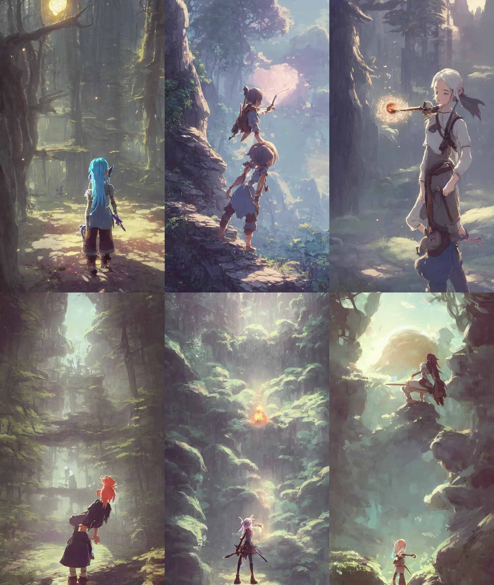 Prompt: a girl sorcerer with white hair put up into a bun, jeans, tshirt. magical atmosphere, by Renato Muccillo, Andreas Rocha, James Gurney, guillaume tholly, Gthl.art, Makoto Shinkai, Miyazaki, Breath of the wild, Simon Stålenhag, studio ghibli. Trending on ArtStation. award winning.