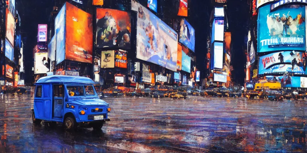 Prompt: a blue and white tuk tuk in Times Square at night, very hazy, rainy, very diffused lighting, moody, dark purple tones, shallow depth of field, motion blur in background, style of John Berkey, Norman Rockwell, Hans Thoma, Ivan Shishkin, Tyler Edlin, Thomas Kinkade, 4k