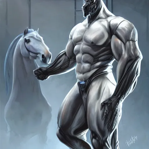 Image similar to an enormously muscular anthropomorphized horse in a research facility wearing a skintight body armor, long white mane, equine, anthro art, furaffinity, highly detailed, digital painting, artstation, concept art, illustration, art by artgerm, greg rutkowski, ruan jia