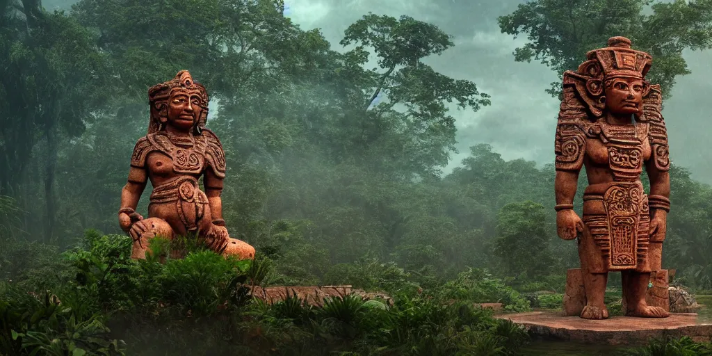 Image similar to mayan god statue in stone, surrounded by lush green vegetation, ground - level view, puddles of water, stunning volumetric lighting, sunset, trending on artstation, 8 k, photorealistic, hyper detailed, unreal engine 5, cinematic, epic lighting, cryengine, octane render, cyberpunk, red and orange glow, dark, gloomy