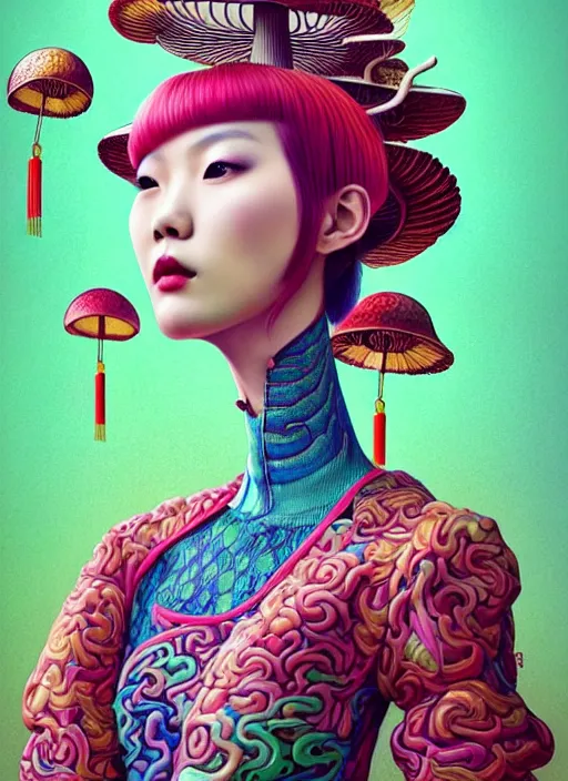 Image similar to pretty chinese model with hallucination mushroom : : by martine johanna and simon stalenhag and chie yoshii and casey weldon and wlop : : ornate, dynamic, particulate, rich colors, intricate, elegant, highly detailed, centered, vogue, harper's bazaar art, fashion magazine, smooth, sharp focus, octane render, 8 k