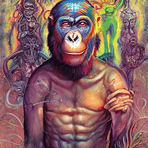 Prompt: psychedelia man disguised as a chimpanzee jean sebastien rossbach jeff easley jen bartel staedtler