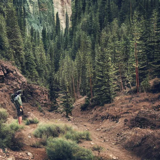 Image similar to A lone man faces a large beautiful lush desert forest arctic mountain valley canyon in the background, separation of foreground and background, 3d image, sharp focus, deep image, depth, bokeh