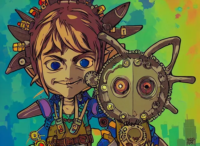 Image similar to biopunk majoras mask link from zelda!! portrait illustration, pop art, splash painting, art by geof darrow, ashley wood, alphonse mucha, makoto shinkai