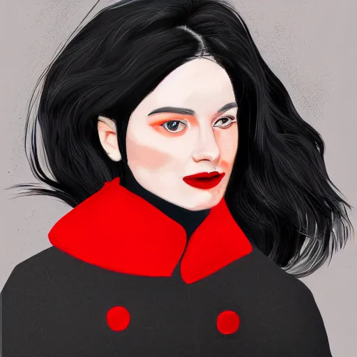 Image similar to frontal Portrait of a black haired woman with a red coat, digital painting