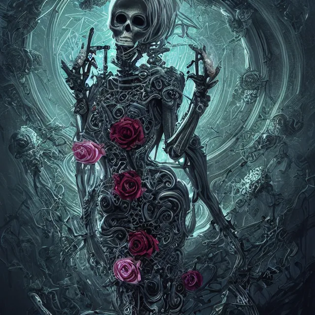 Image similar to a chaotic goddess of death skeleton as a heroine, intricate, elegant skull black rose s day of the dead atmospheric, dramatic, Trending on artstation. augmentations and cybernetic enhancements neon circuits, greg rutkowski , hyperrealist, cinema4D, 8k highly detailed