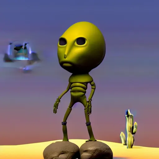 Image similar to a sad Roswell grey alien trying to repair his crashed burning spacecraft in the desert, crashed UFO, crashed Flying Saucer, cactus and rocks in the background, dusk, featured on zbrush central, hurufiyya, zbrush, polycount, airbrush art
