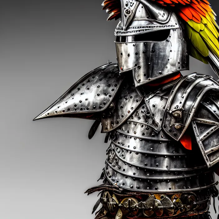 Prompt: photo of a warrior with metal parrot themed armour, highly detailed, 4 k, hdr, smooth, sharp focus, high resolution, award - winning photo