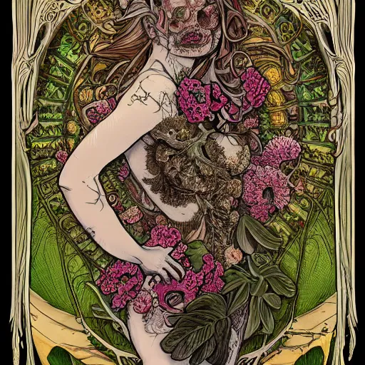 Image similar to a beautiful detailed front view portrait of a rotten woman corpse with fractal plants and fractal flowers and mushrooms growing around, symmetrical, ornate, ornamentation, illustration, in the style of art nouveau