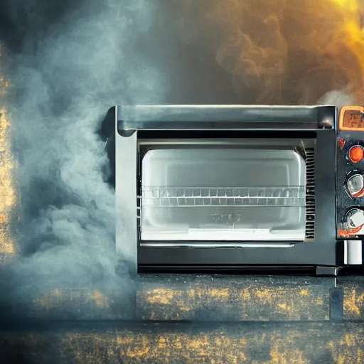 Image similar to head of toaster oven mecha, dark messy smoke - filled cluttered workshop, dark, dramatic lighting, orange tint, cinematic, highly detailed, sci - fi, futuristic, movie still