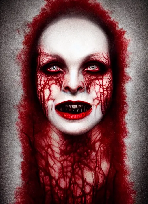 Prompt: dramatic dark red matte portrait painting of woman evil smile with black mandelbrot fractal instead of face, horror, body horror, dark art, 4 k, detailed, realistic, psychotic, insane, crazy, mental illness, dramatic,