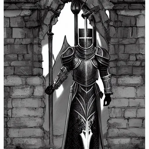 Prompt: A knight without a helmet, elegant etched black armor with white accents, standing astride a castle gate, artstation, in the style of Lucia Hsiang, clean