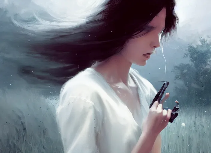 Prompt: white dress girl chasing from crazy grim reaper, messy hair, messy lines, scared face, beautiful and aesthetic and attractive, dramatic situation, specular reflection, occlusion shadow, intricate, bokeh, box office hit, masterpiece, by ilya kuvshinov and jeremy lipking and quentin mabille