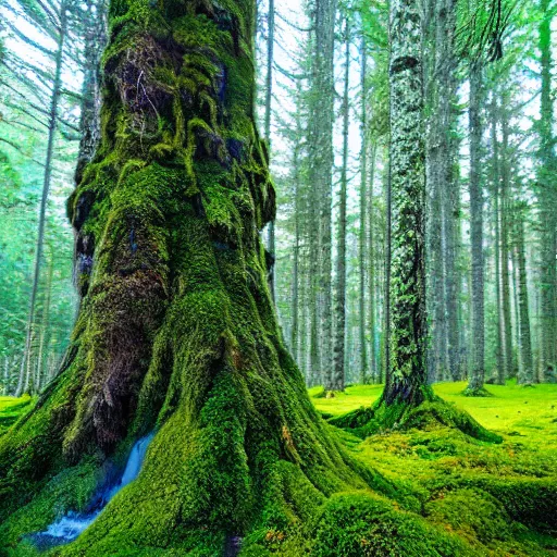 Image similar to A wide shot by a extremely high resolution digital camera of enchanted forest. Genetically modified magic moss, covering the ground, barely seen lake beneath it.