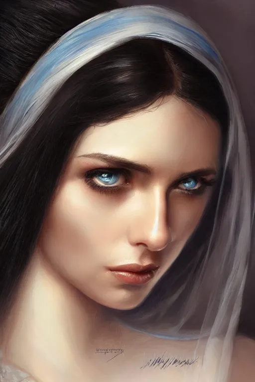 Prompt: tanned Ameera al-Taweel, bright blue eyes, long wavy black hair, simple white veil, closeup, focus face, elegant, highly detailed, centered, oil painting, artstation, concept art by tom bagshaw