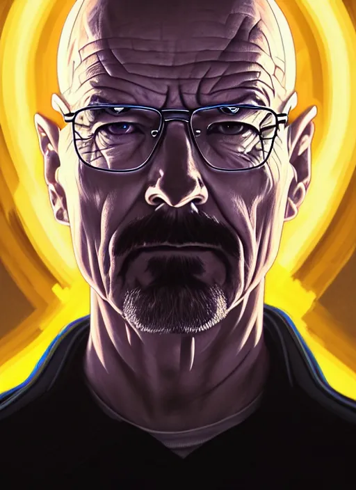 Image similar to symmetry portrait of walter white, sci - fi, tech wear, glowing lights intricate, elegant, highly detailed, digital painting, artstation, concept art, smooth, sharp focus, illustration, art by artgerm and greg rutkowski and alphonse mucha