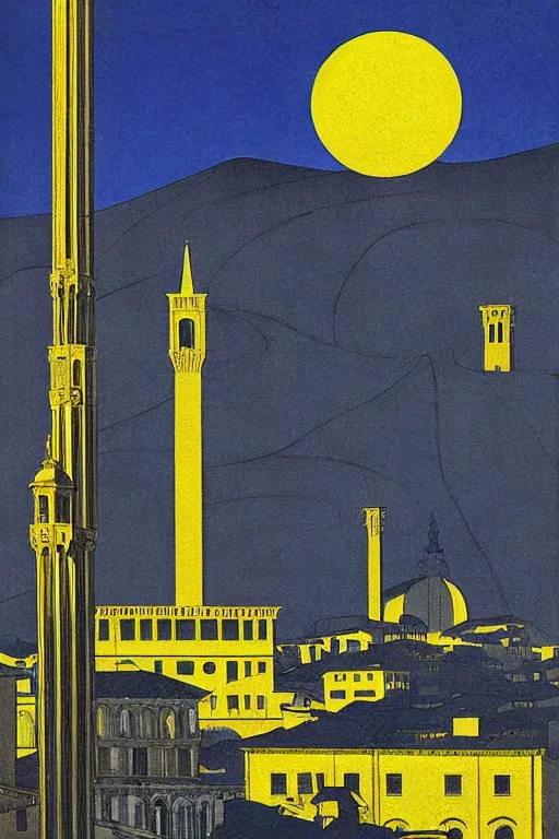 Image similar to resplendent, gilded art deco print of Florence, Italy by Hasui Kawase and Lyonel Feininger