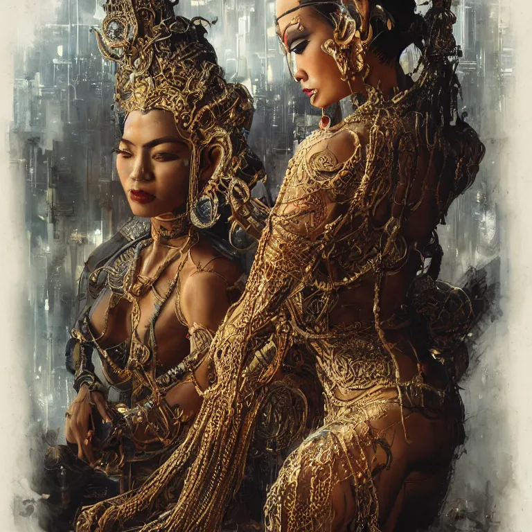 Prompt: intricate drawing of a female deity, cambodian fashion, cyberpunk ornaments, thin strands, porcelain skin, greg rutkowski, james gurney, john berkey, hyperrealistic, backlit