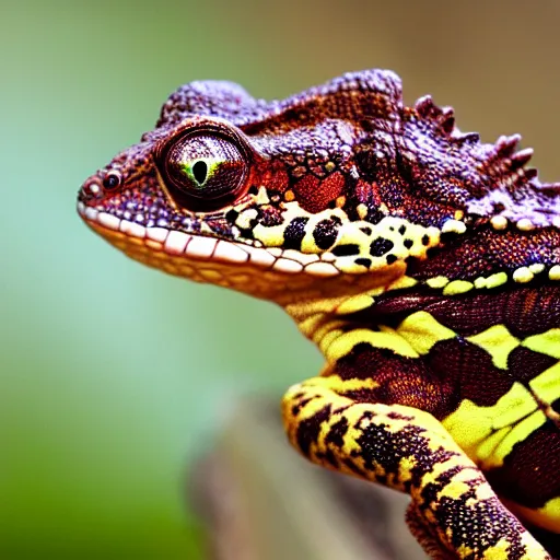 Prompt: An award winning photo of Tokay crocodile chameleon looking at the camera, cute, nature photography, National Geographic, 4k