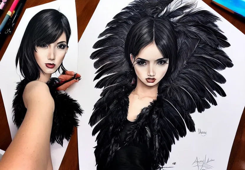 Image similar to beautiful girl with a short black haircut wearing a dress made of black feathers, artwork in artgerm art style, anatomically perfect