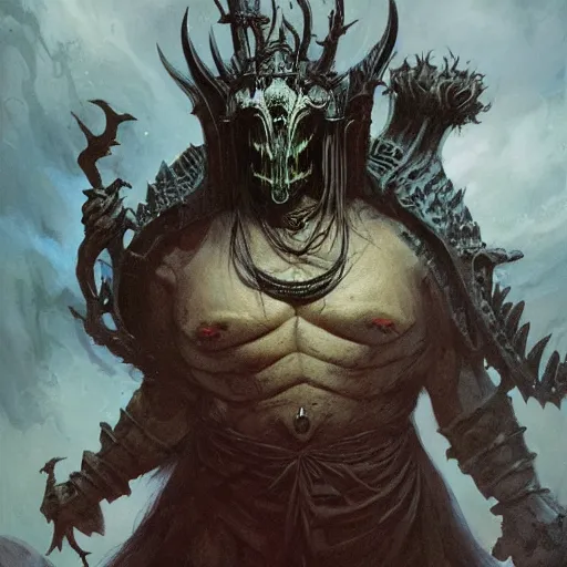 Prompt: head and shoulders portrait of a wraith king, d & d, fantasy, greg rutkowski, frank frazetta, alexandre chaudret, boris vallejo, michael whelan, miro petrov, hr giger, magali villeneuve, donato giancola