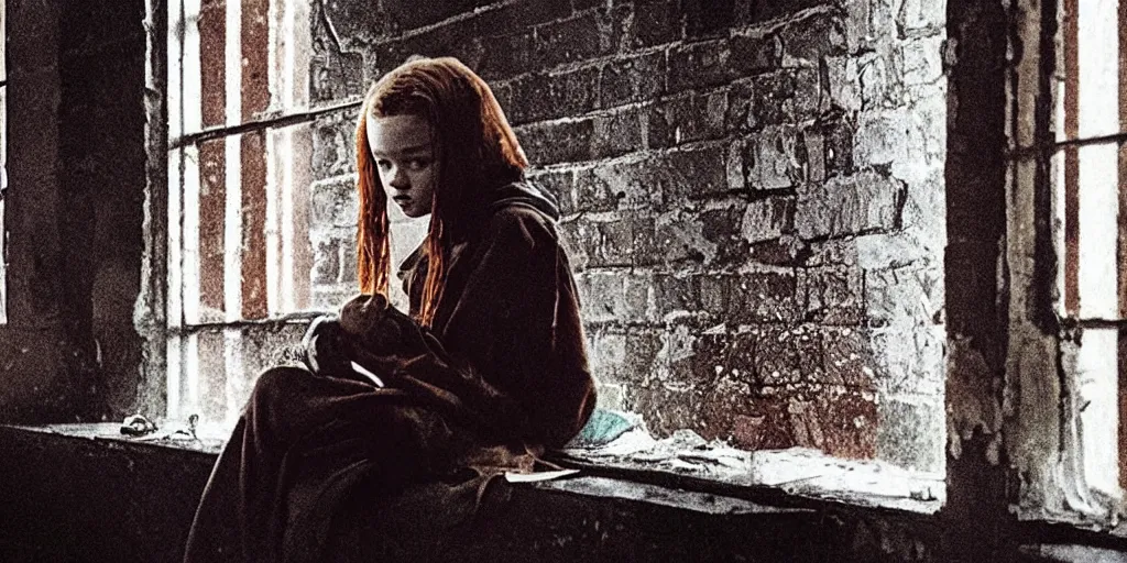 Image similar to at night, sadie sink in hoodie sits on windowsill, knees tucked in | rain falls, old brick wall with ussr propaganda posters : 3 5 mm film, anamorphic, single long shot from schindler's list by steven spielberg. cyberpunk, cinematic atmosphere, detailed and intricate, perfect anatomy