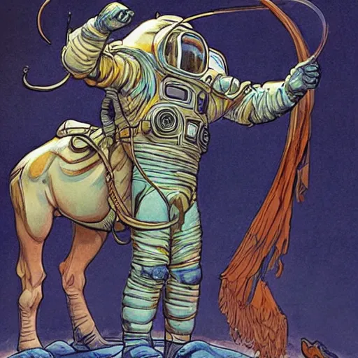 Prompt: Centaur wearing a spacesuit. Concept art by James Gurney and Moebius.