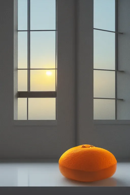 Image similar to a giant cubic orange and yellow crystal on a white table near a window at sunset, hyperrealistic, highly detailed, high qualit, 8K, godrays, warm lighting, path traced, high coherence, calm, macro photo, symmetrical, photorealistic, low contrast, serene landscape, beautiful, geometric, octane render