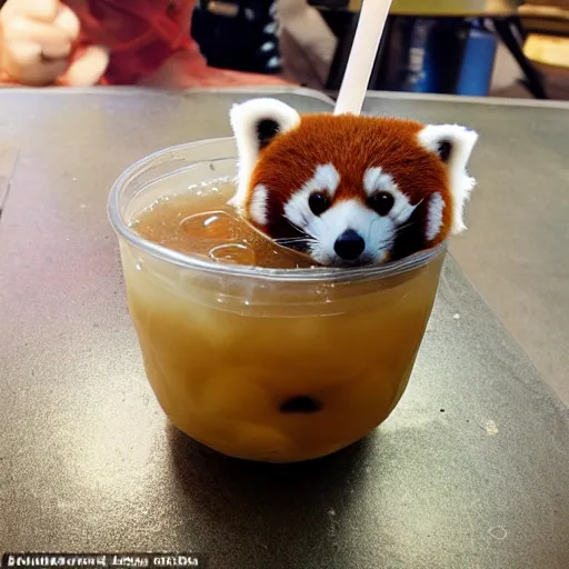 Image similar to A small red panda drinking bubble tea