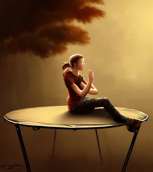 Prompt: portrait of a trampoline sitting upon a table with heightened detail, poised, intense emotion, detailed facial expression, detailed surroundings, intricate, elegant, highly detailed, centered, digital painting, artstation, concept art, smooth, sharp focus, illustration, by ( leonardo da vinci ), wlop