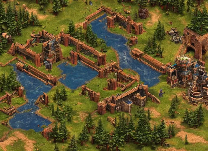 Prompt: isometric map of age of empires video game, procedural, top down, AOE2 , civilization, river, forest, cave, mountain, woods, hills, buildings, snow, , digital art,realistic,detailed,art by greg rutkowski