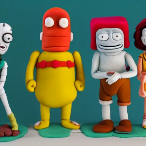 Image similar to fry, bender and leela from futurama eating cake, claymation, cinematic, 8 k