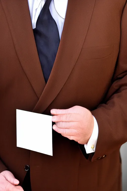 Image similar to andy richter in a brown suit and necktie, ultra hd photo, 3 5 mm close up, fish eye, realistic, smiling, holding a postcard from chicago