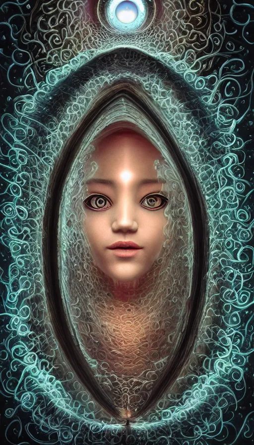 Prompt: goddess of illusion, beautiful, stunning, breathtaking, mirrors, glass, magic circle, magic doorway, fantasy, mist, bioluminescence, hyper - realistic, unreal engine, by naoto hattori