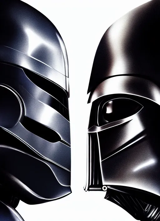 Image similar to Film poster, RoboCop VS Darth Vader, faces look at each other, detailed and realistic, 4k, filmic render