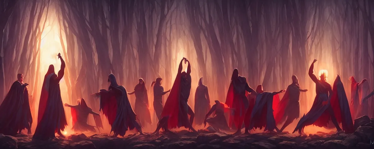 Prompt: cult members performing a ritual in capes by magali villeneuve, artgerm, greg rutkowski, digital art, sharp focus, award winning, intrecate details, 4 k,