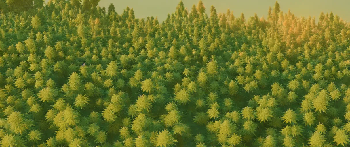 Image similar to 3 d render low poly art, cannabis trees and flowers, field of stoner dreams, unreal engine, dreamy, bokeh