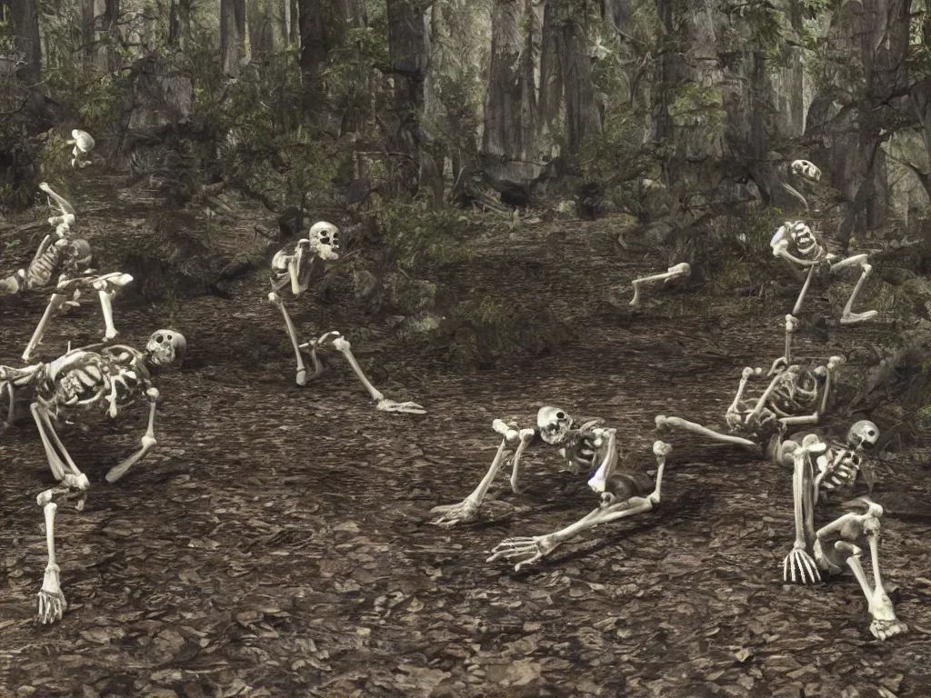 Prompt: frightened screaming human skeletons on amateur home video being attacked by raccoons at night in a dark forest at night, photorealistic amateur photography low camera angle, unreal engine 5 render