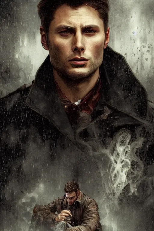 Prompt: a detailed matte portrait of dean winchester in a supernatural sherlock holmes story, 1 8 th century london in the rain, city streets, ominous, masterpiece, 8 k, art by alphonse mucha and greg rutkowski