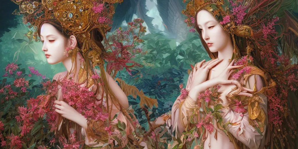 Image similar to breathtaking detailed concept art painting of the goddess of exotic bird, orthodox saint, with anxious, piercing eyes, ornate background, amalgamation of leaves and flowers, by hsiao - ron cheng and john james audubon and miho hirano, extremely moody lighting, 8 k