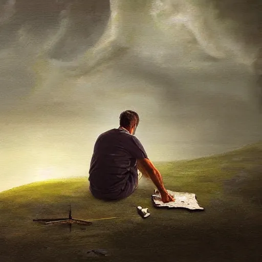 Prompt: man making a deal with god, painting, realistic, epic, 4k