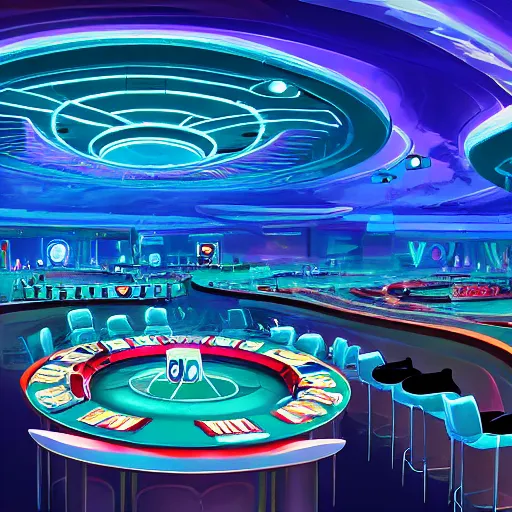 Image similar to futuristic casino, crisp, artistic, artstation, luxury, las vegas, beautiful, concept art, cartoon, dim painterly lighting volumetric aquatics