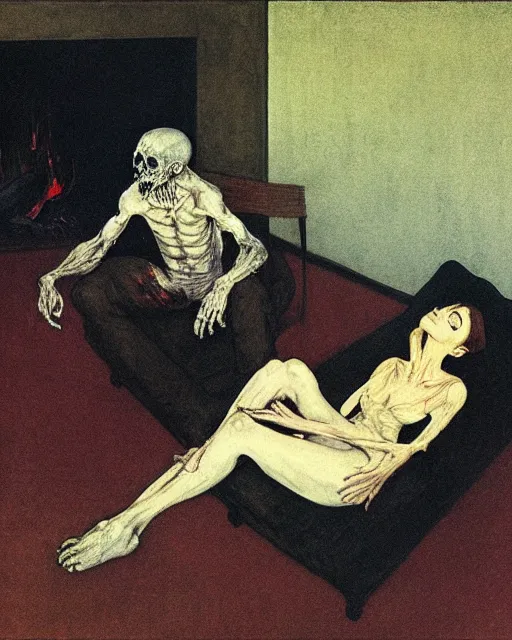 Prompt: an old dead couple sitting on an old couch in an old apartment next to fire place,  Francisco Goya painting, part by Beksiński and EdvardMunch. art by Takato Yamamoto, Francis Bacon masterpiece