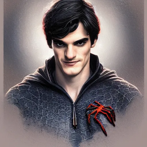 Image similar to portrait of RJ Mitte as Spiderman, elegant, intricate, headshot, highly detailed, digital painting, artstation, concept art, sharp focus, illustration, art by artgerm and greg rutkowski and alphonse mucha