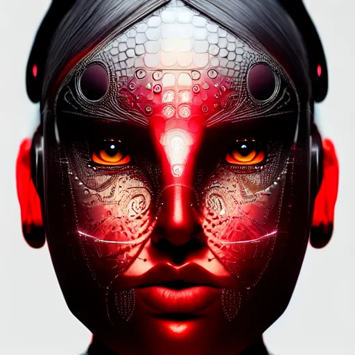 Image similar to ultra realist intricate detailed digital art of a single attractive cyborg female, red sky, full figure in dress, curvy, black scales on face and cyborg tech, symmetry accurate features, very intricate details, focus, high resolution, 4k, photo realistic, artstyle Alex Ries and Hiraku Tanaka, award winning