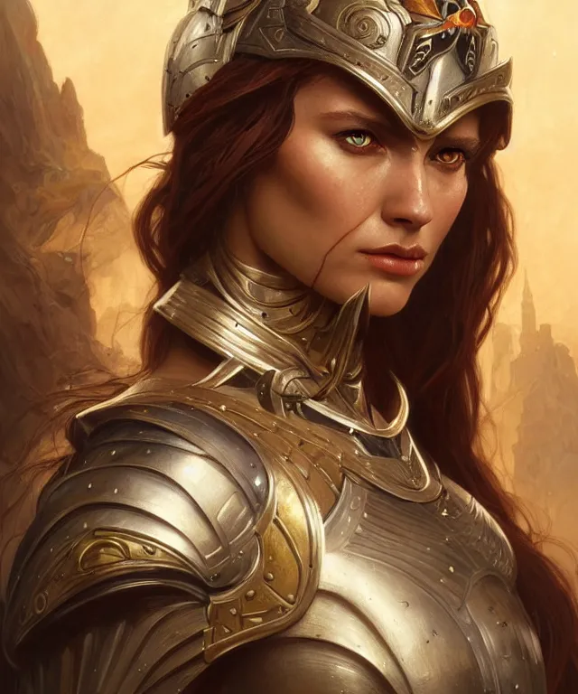 Image similar to Muscular and powerful medieval knight woman portrait, sci-fi, amber eyes, face, long hair, fantasy, intricate, elegant, highly detailed, digital painting, artstation, concept art, smooth, sharp focus, illustration, art by artgerm and greg rutkowski and alphonse mucha