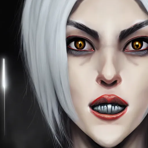 Image similar to Young woman, white hair, black eyes, sharp teeth, pointy ears, pale skin, trending on artstation